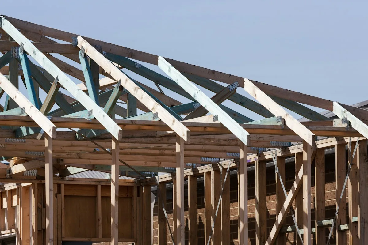 Timber roof framing under construction