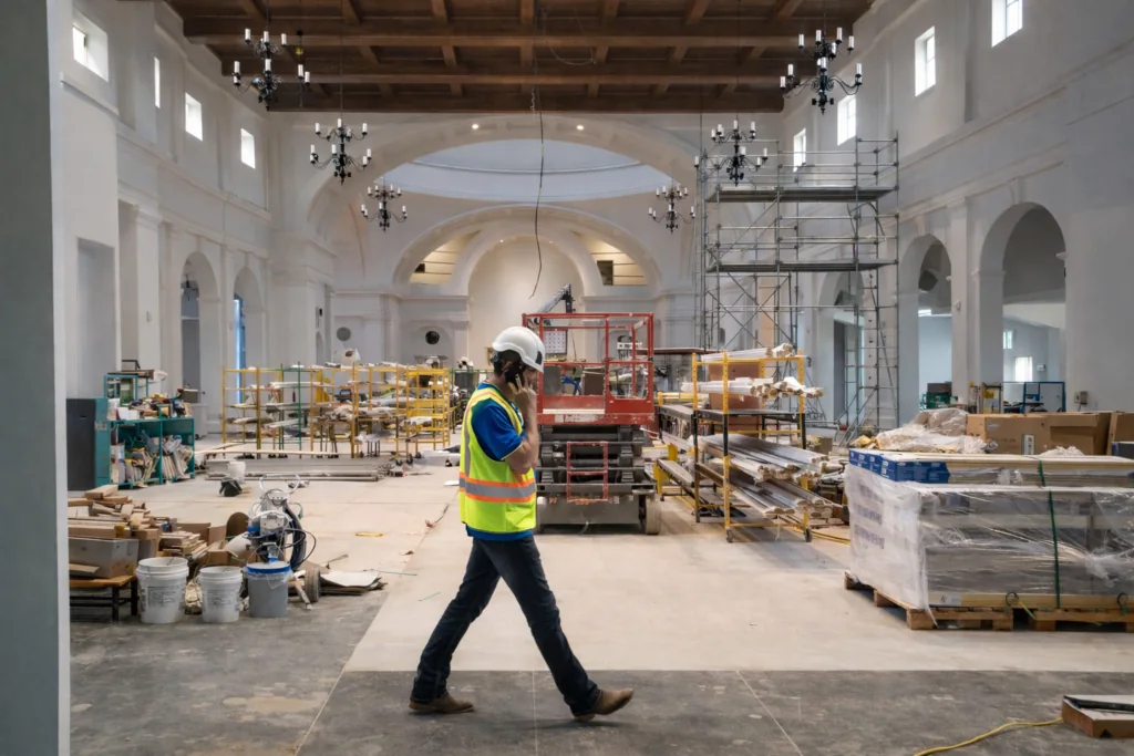 A construction team member walking through an interior renovation site